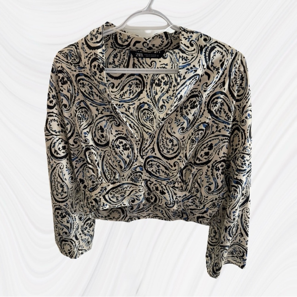 Zara Paisley Print V-Neck Satin Crop Top